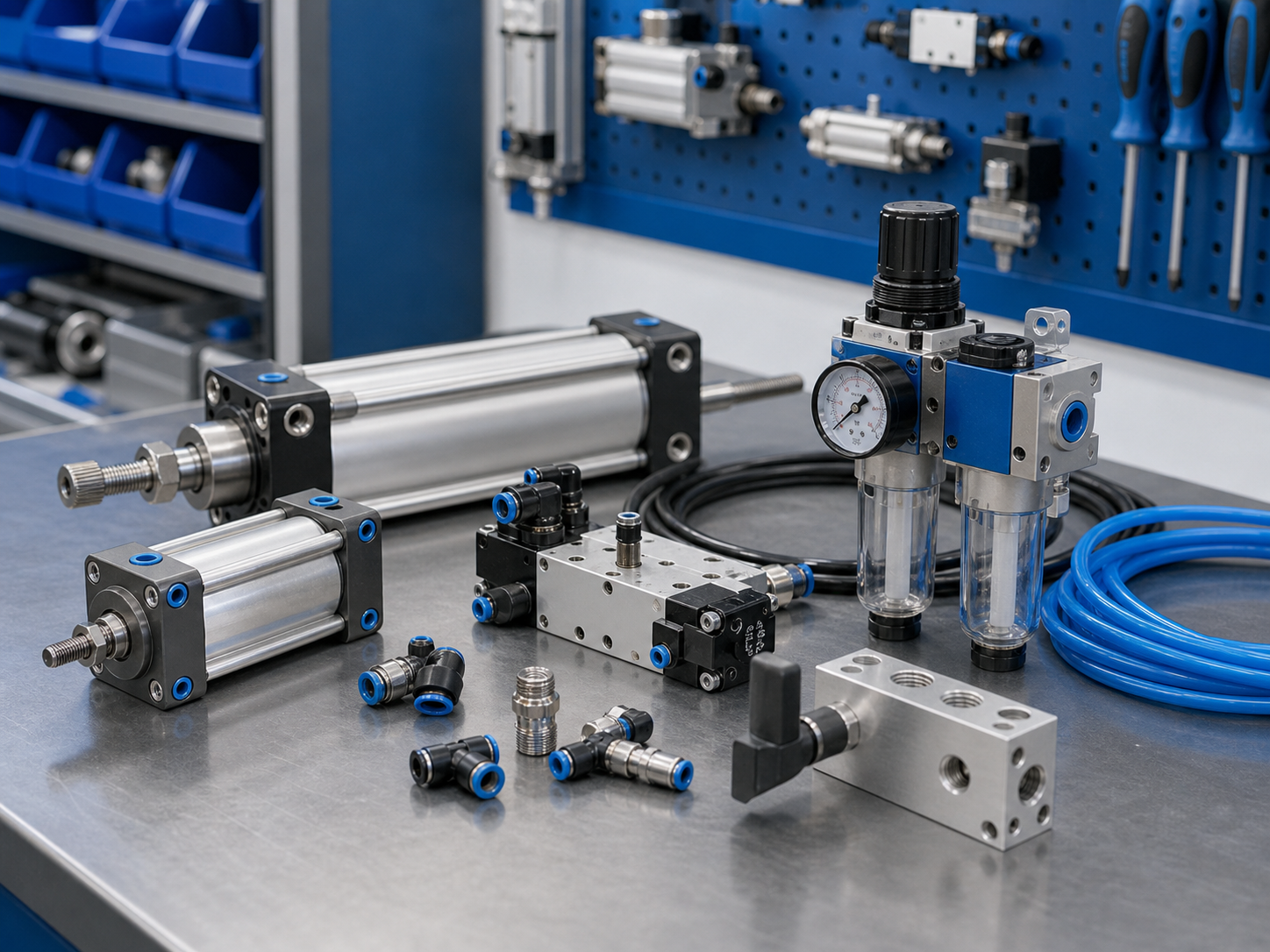 Composants pneumatiques, v&eacute;rins, valves et r&eacute;gulateurs en atelier