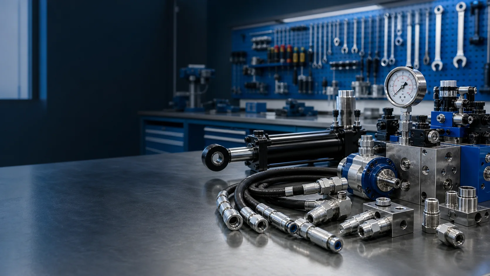 Composants hydrauliques et pneumatiques en atelier