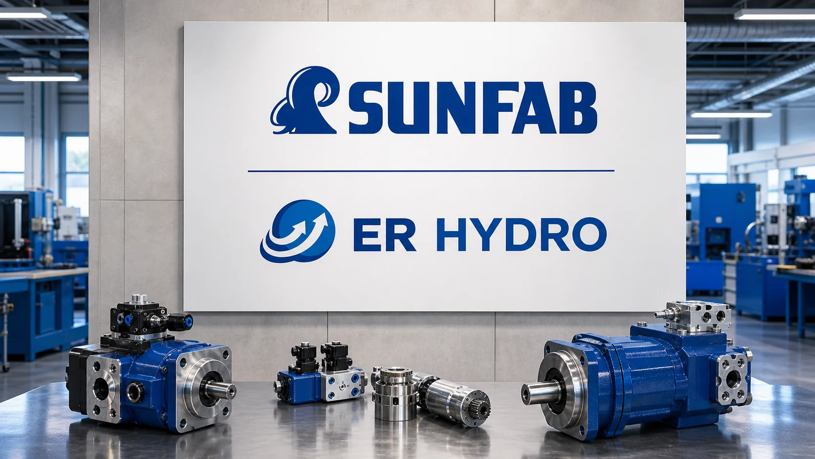Visuel partenariat Sunfab et ER Hydro avec composants hydrauliques